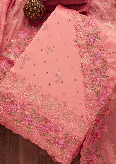 Pink Threadwork Georgette Unstitched Salwar Suit-Koskii