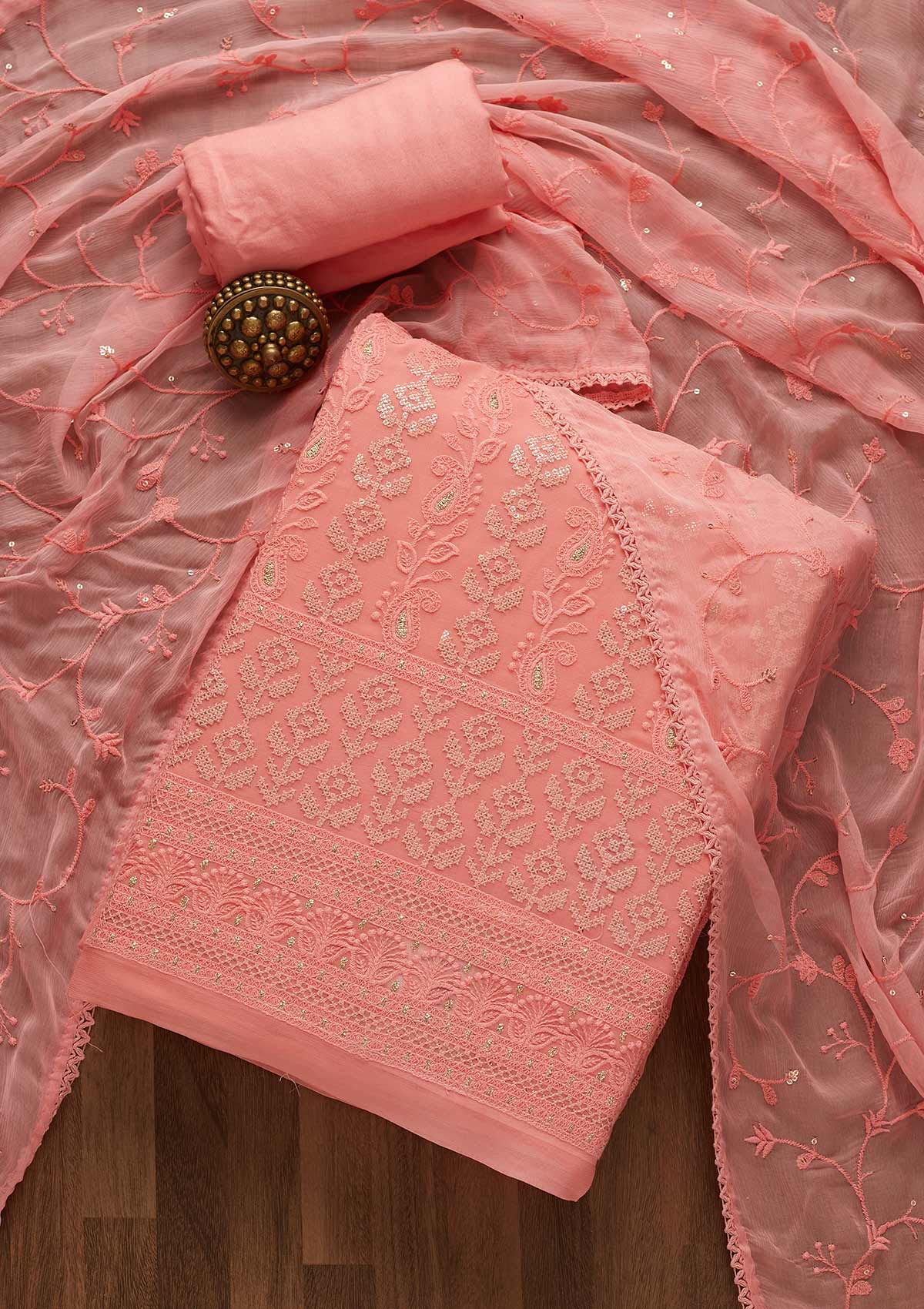Pink Threadwork Georgette Unstitched Salwar Suit-Koskii