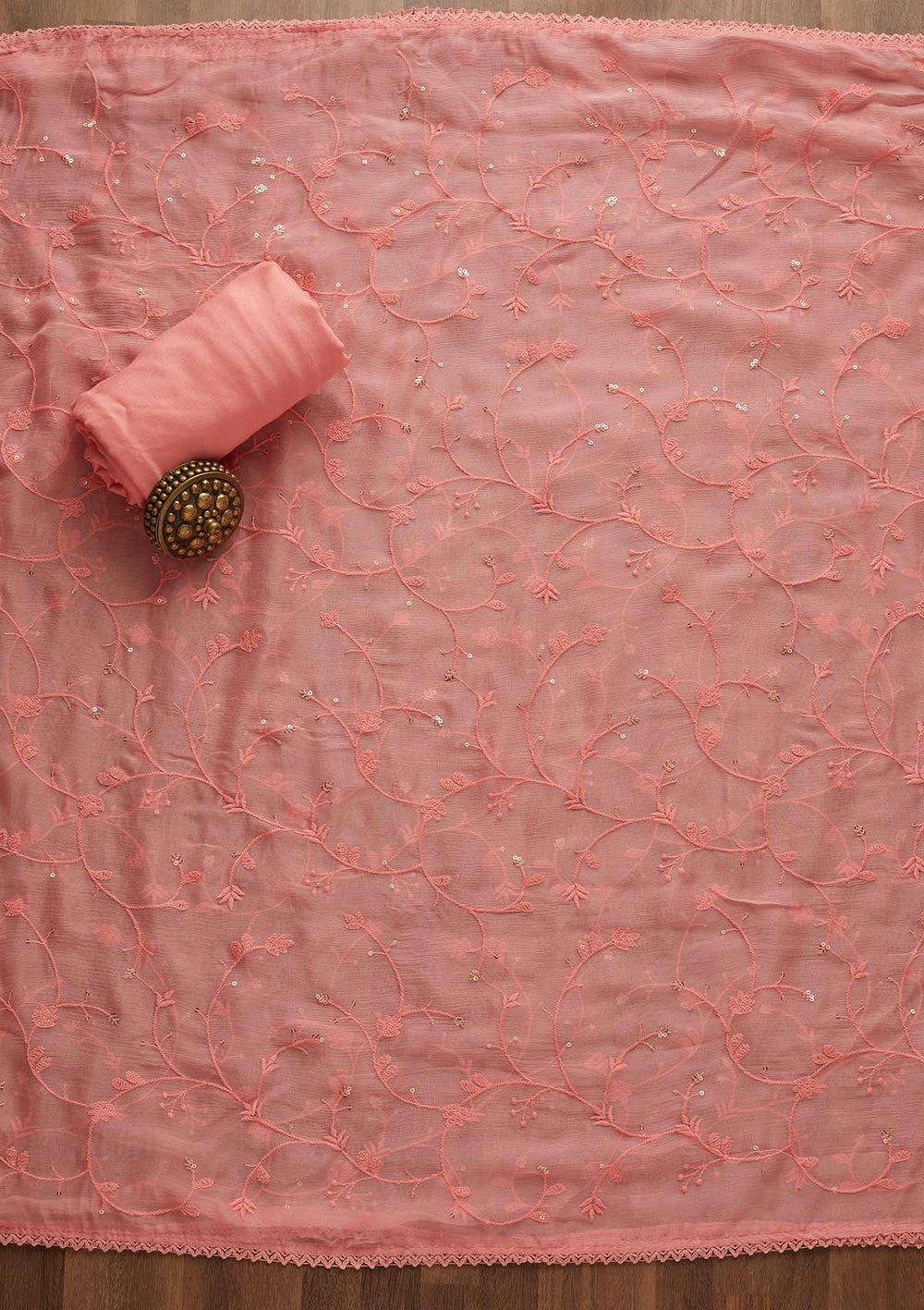 Pink Threadwork Georgette Unstitched Salwar Suit-Koskii