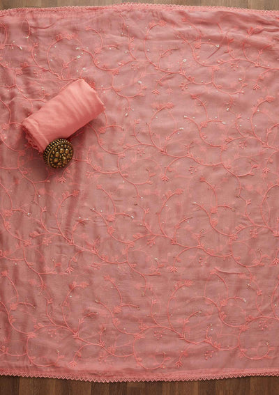 Pink Threadwork Georgette Unstitched Salwar Suit-Koskii