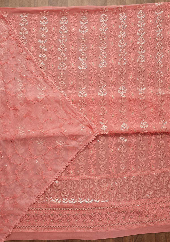 Pink Threadwork Georgette Unstitched Salwar Suit-Koskii