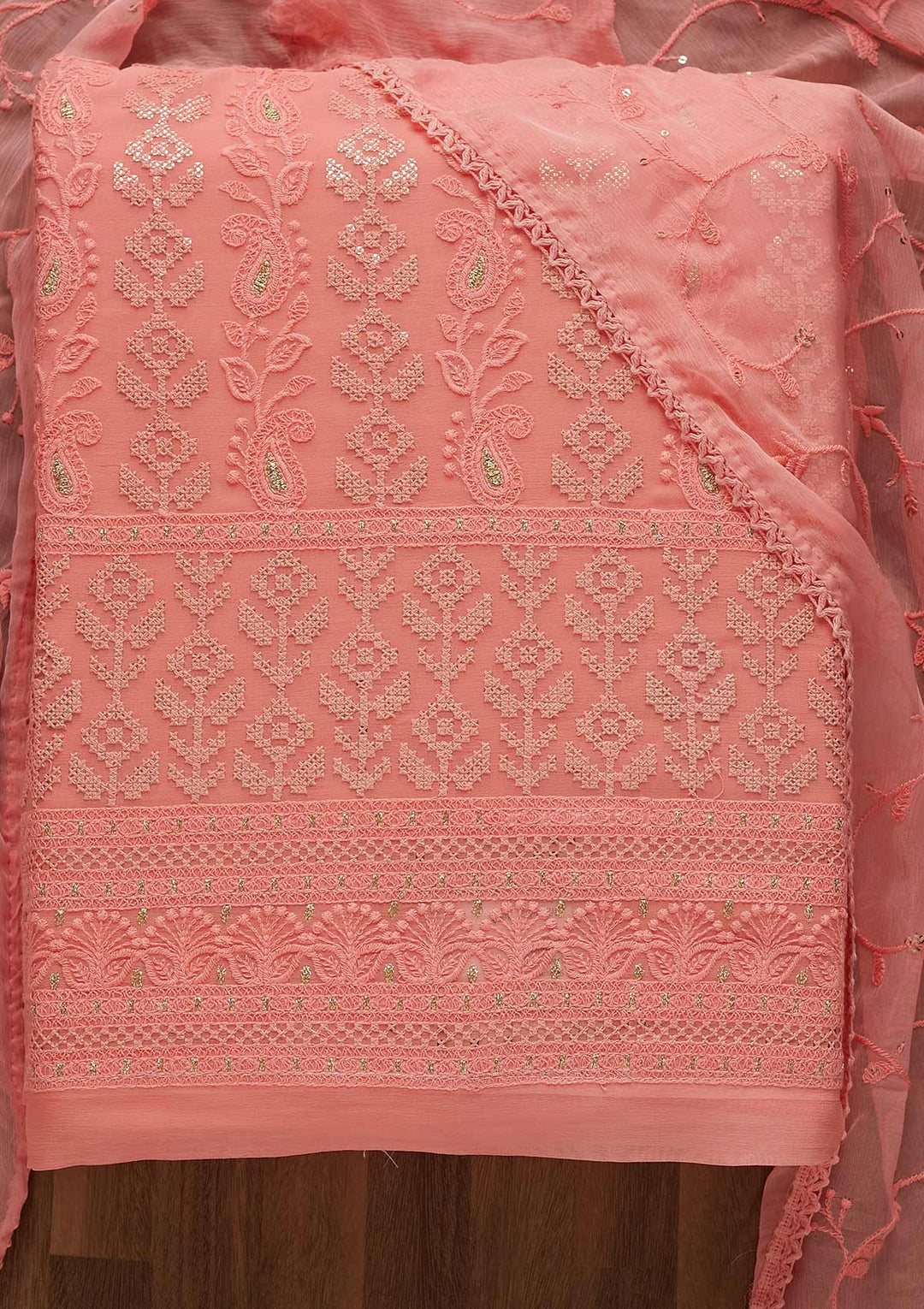 Pink Threadwork Georgette Unstitched Salwar Suit-Koskii
