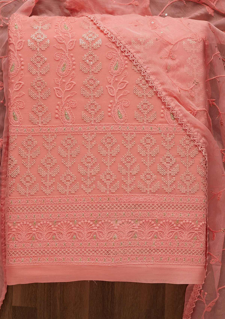 Pink Threadwork Georgette Unstitched Salwar Suit-Koskii