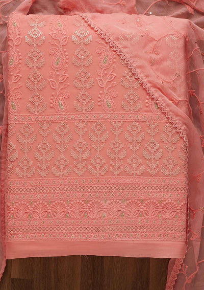 Pink Threadwork Georgette Unstitched Salwar Suit-Koskii