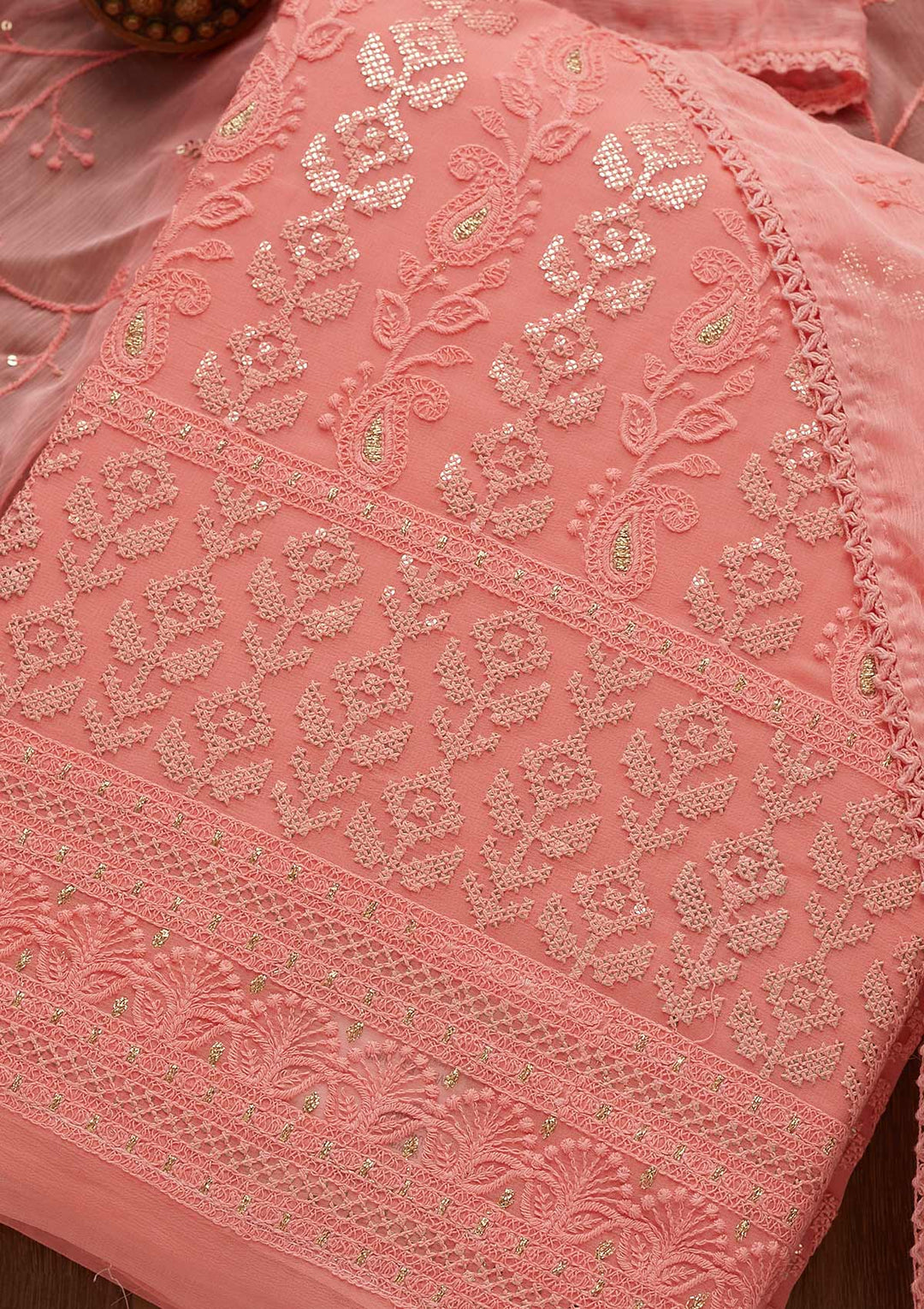 Pink Threadwork Georgette Unstitched Salwar Suit-Koskii
