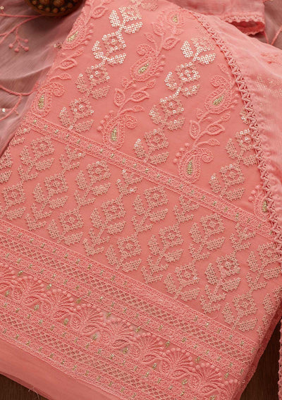 Pink Threadwork Georgette Unstitched Salwar Suit-Koskii