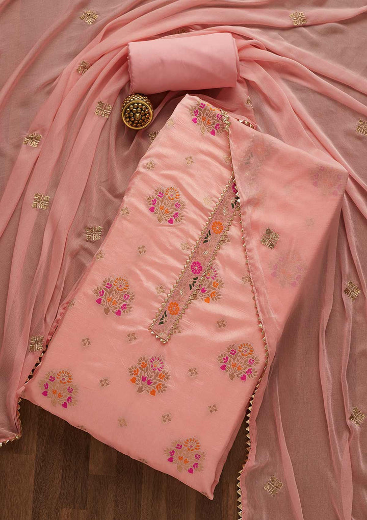 Pink Threadwork Georgette Unstitched Salwar Suit-Koskii