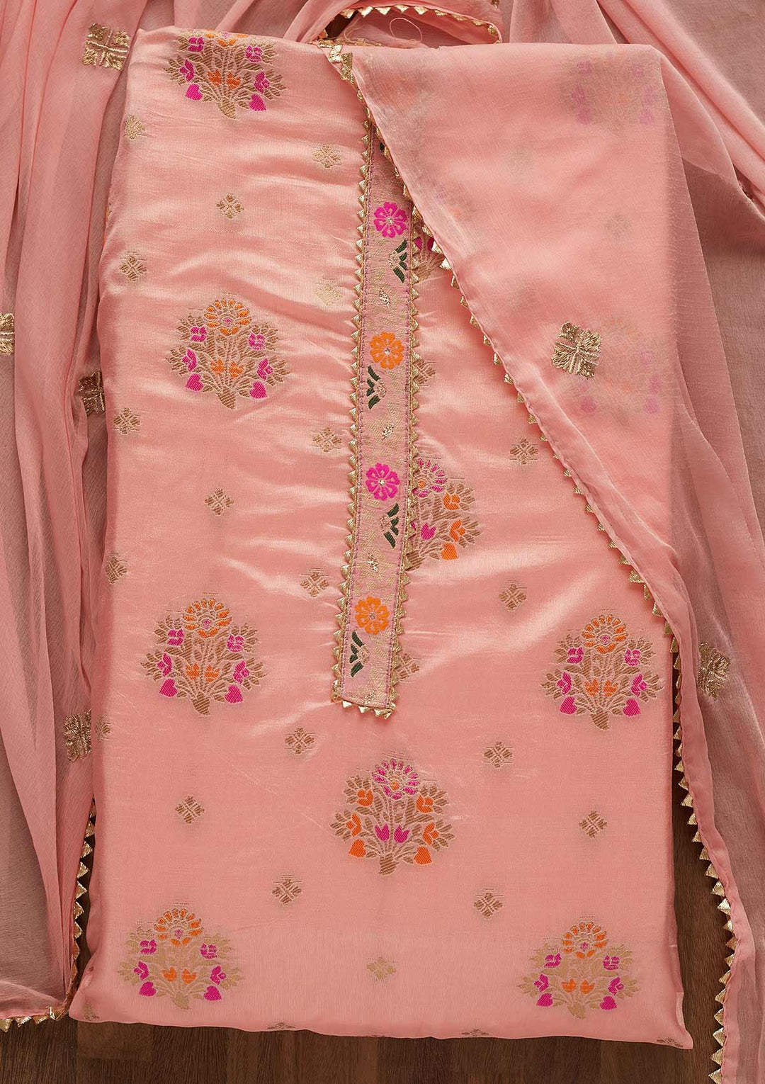 Pink Threadwork Georgette Unstitched Salwar Suit-Koskii