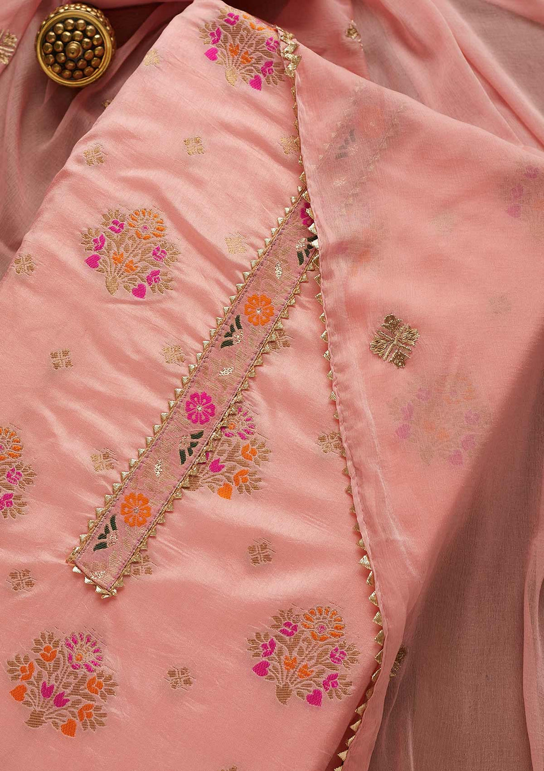 Pink Threadwork Georgette Unstitched Salwar Suit-Koskii
