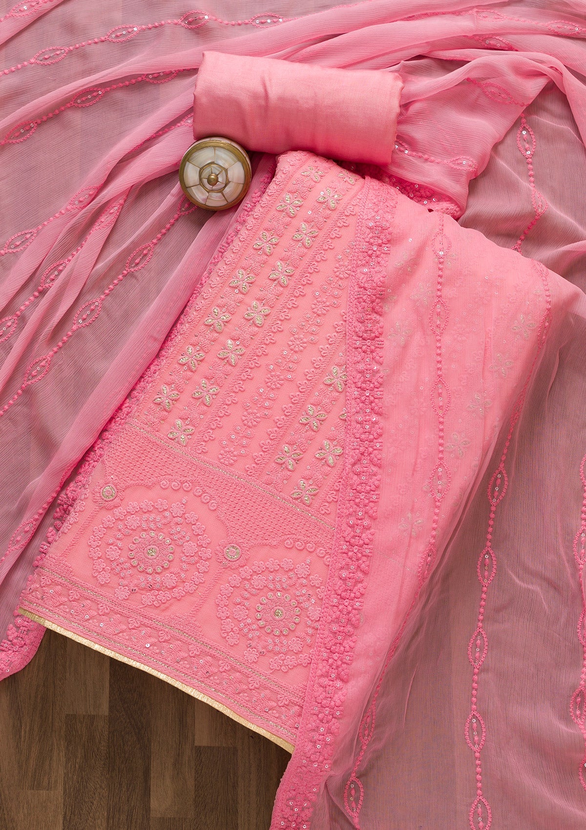 Pink Threadwork Georgette Semi-Stitched Salwar Suit-Koskii