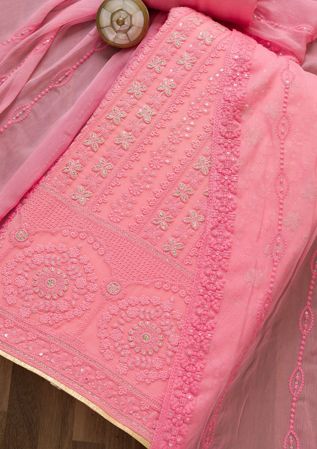 Pink Threadwork Georgette Semi-Stitched Salwar Suit-Koskii