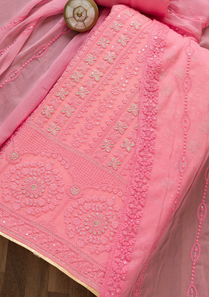 Pink Threadwork Georgette Semi-Stitched Salwar Suit-Koskii