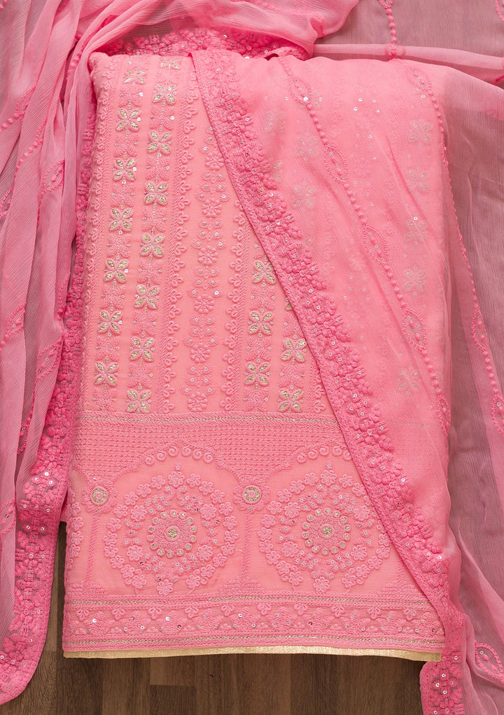 Pink Threadwork Georgette Semi-Stitched Salwar Suit-Koskii