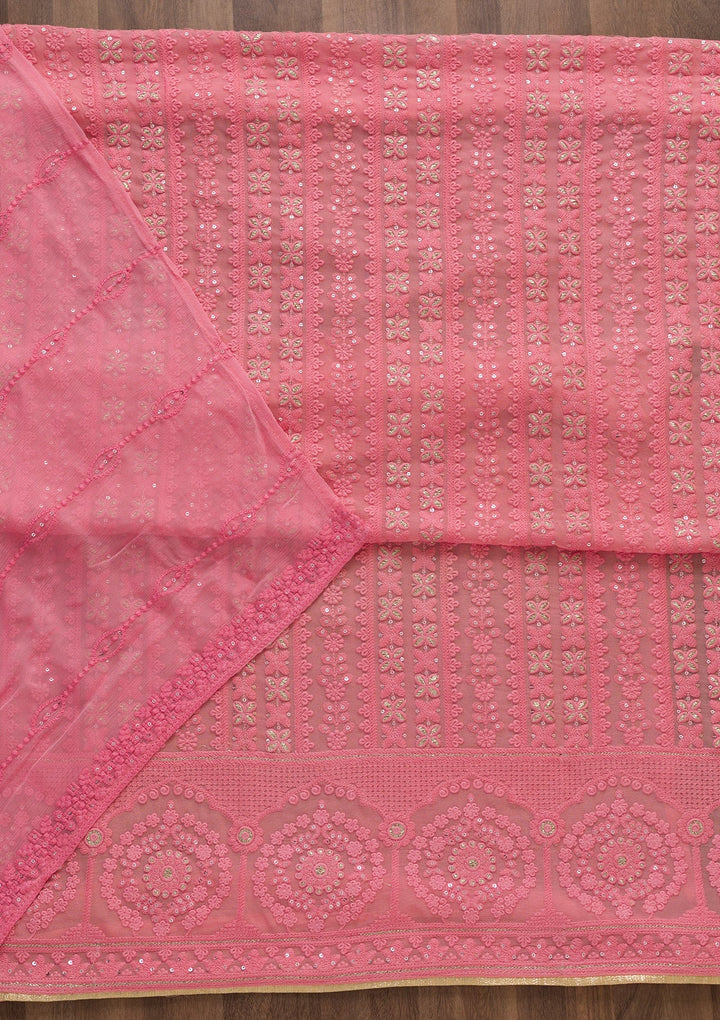 Pink Threadwork Georgette Semi-Stitched Salwar Suit-Koskii