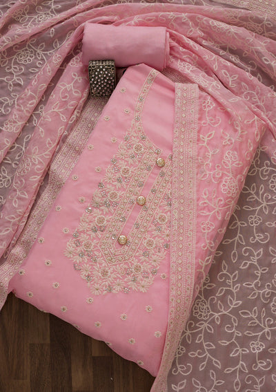 Pink Threadwork Georgette Unstitched Salwar Suit-Koskii