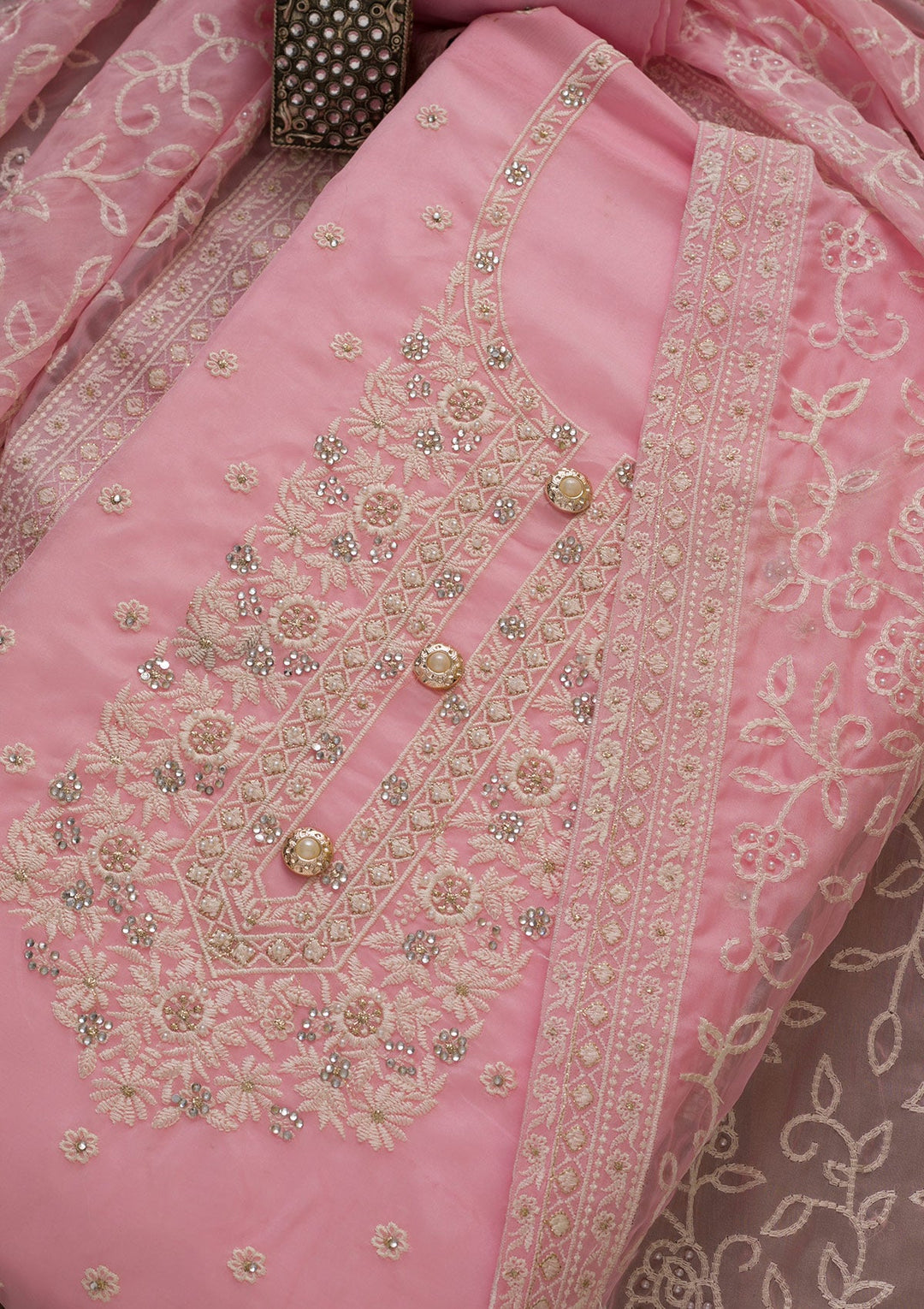 Pink Threadwork Georgette Unstitched Salwar Suit-Koskii