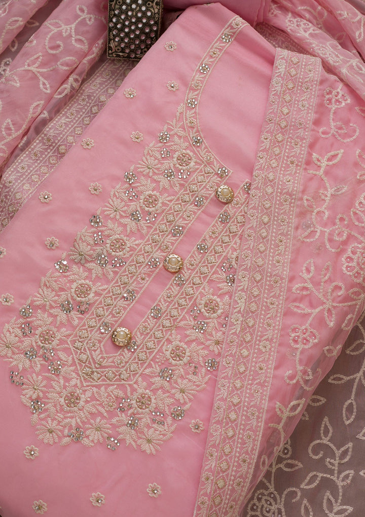 Pink Threadwork Georgette Unstitched Salwar Suit-Koskii