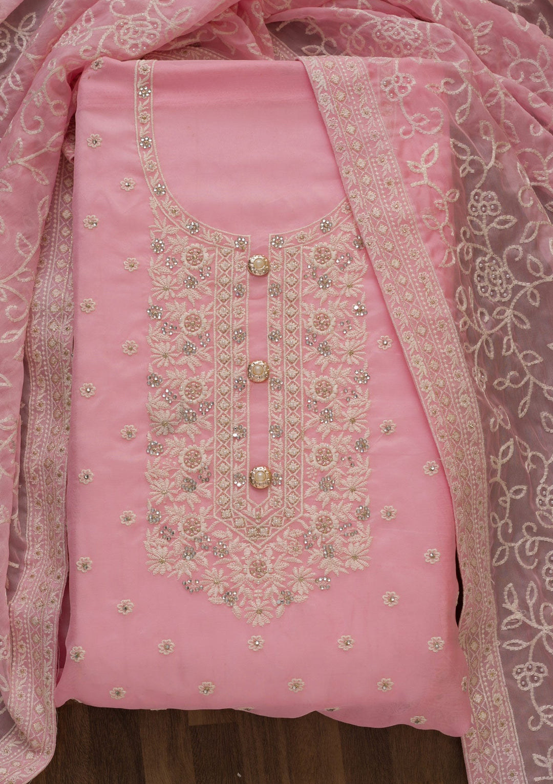 Pink Threadwork Georgette Unstitched Salwar Suit-Koskii