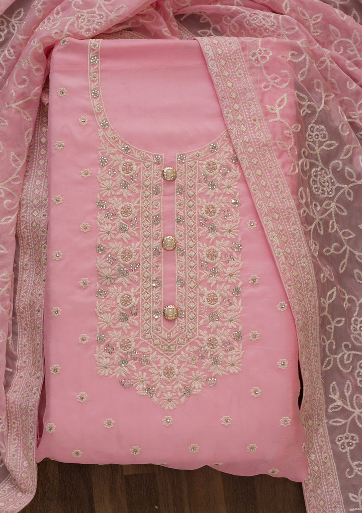 Pink Threadwork Georgette Unstitched Salwar Suit-Koskii