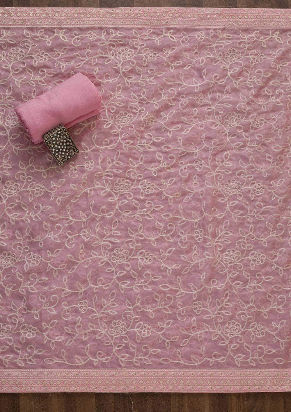 Pink Threadwork Georgette Unstitched Salwar Suit-Koskii