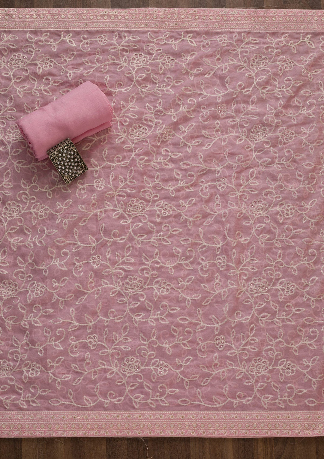 Pink Threadwork Georgette Unstitched Salwar Suit-Koskii