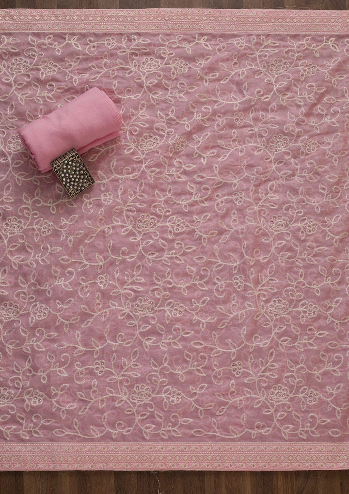 Pink Threadwork Georgette Unstitched Salwar Suit-Koskii