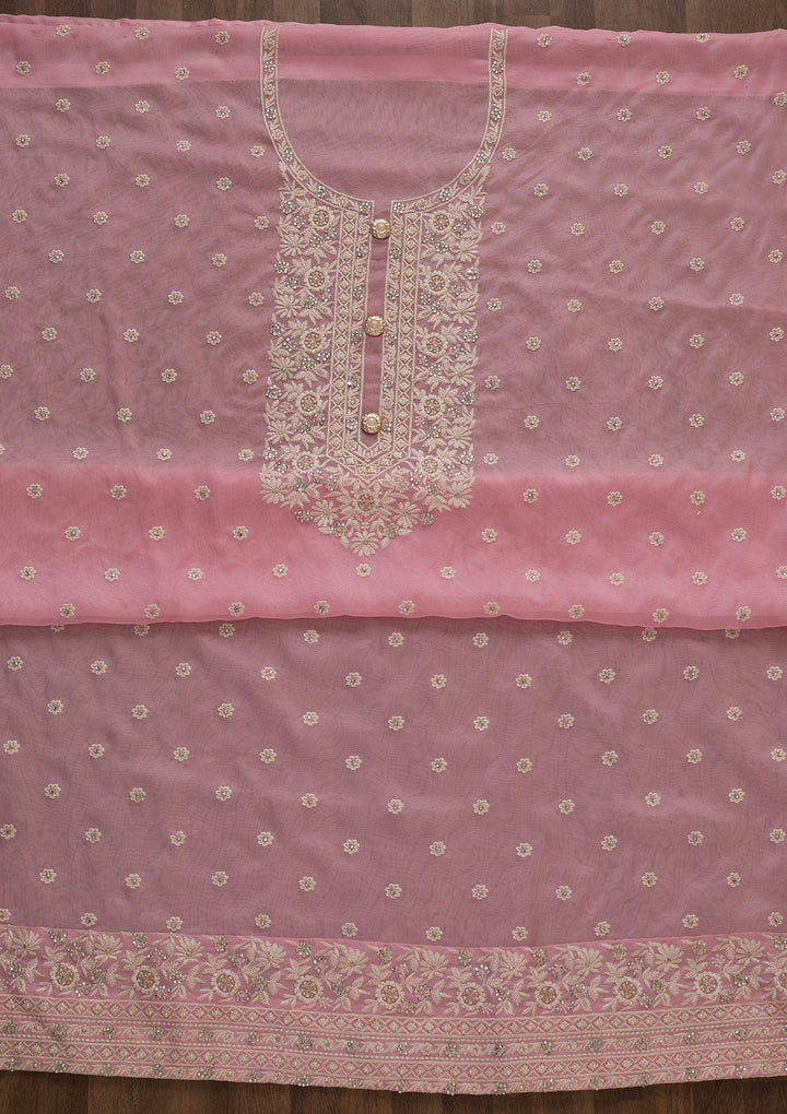 Pink Threadwork Georgette Unstitched Salwar Suit-Koskii