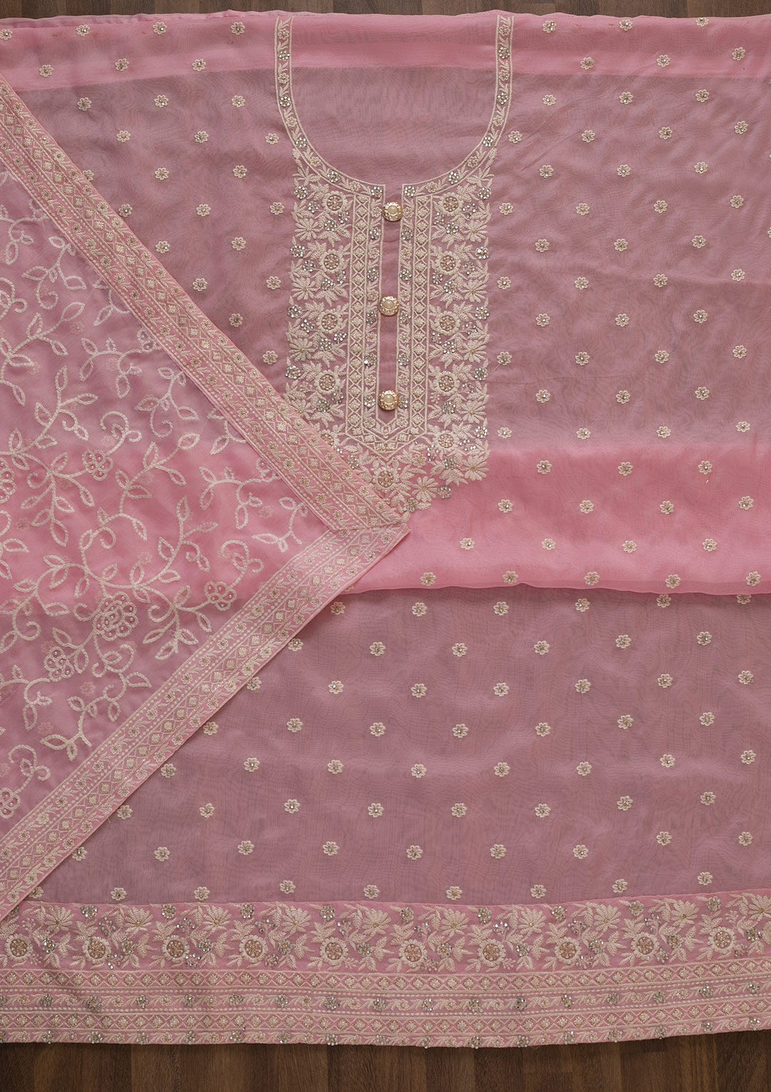 Pink Threadwork Georgette Unstitched Salwar Suit-Koskii