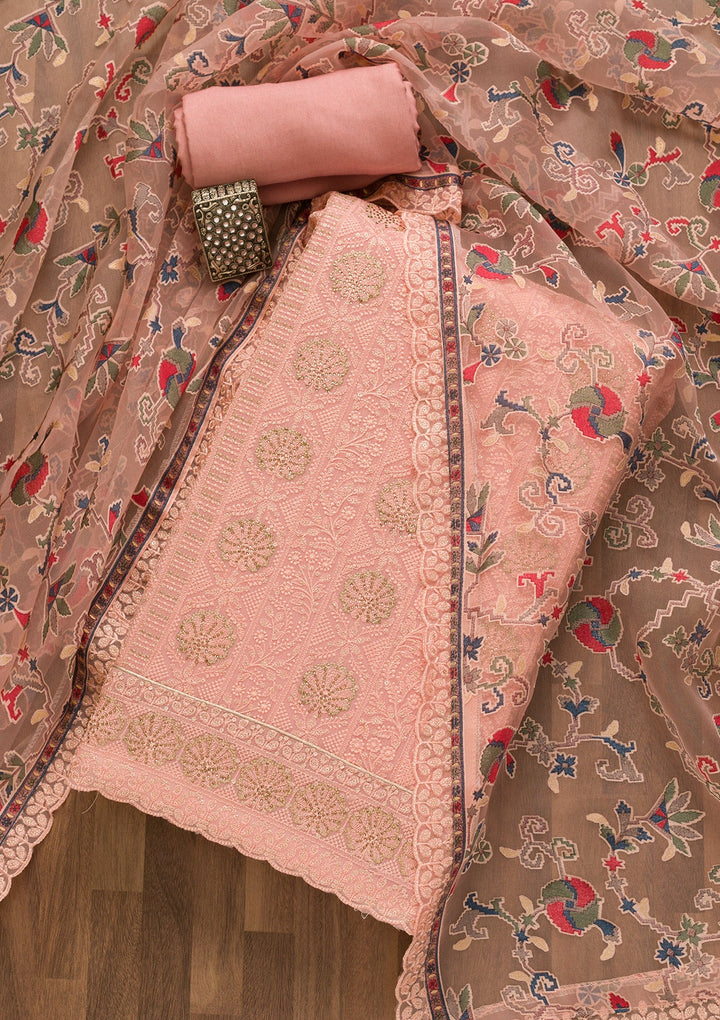 Pink Threadwork Georgette Unstitched Salwar Kameez-Koskii