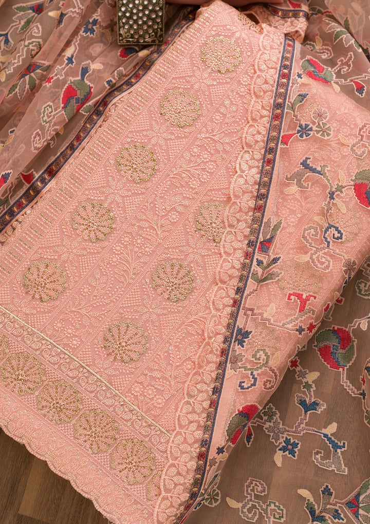 Pink Threadwork Georgette Unstitched Salwar Kameez-Koskii