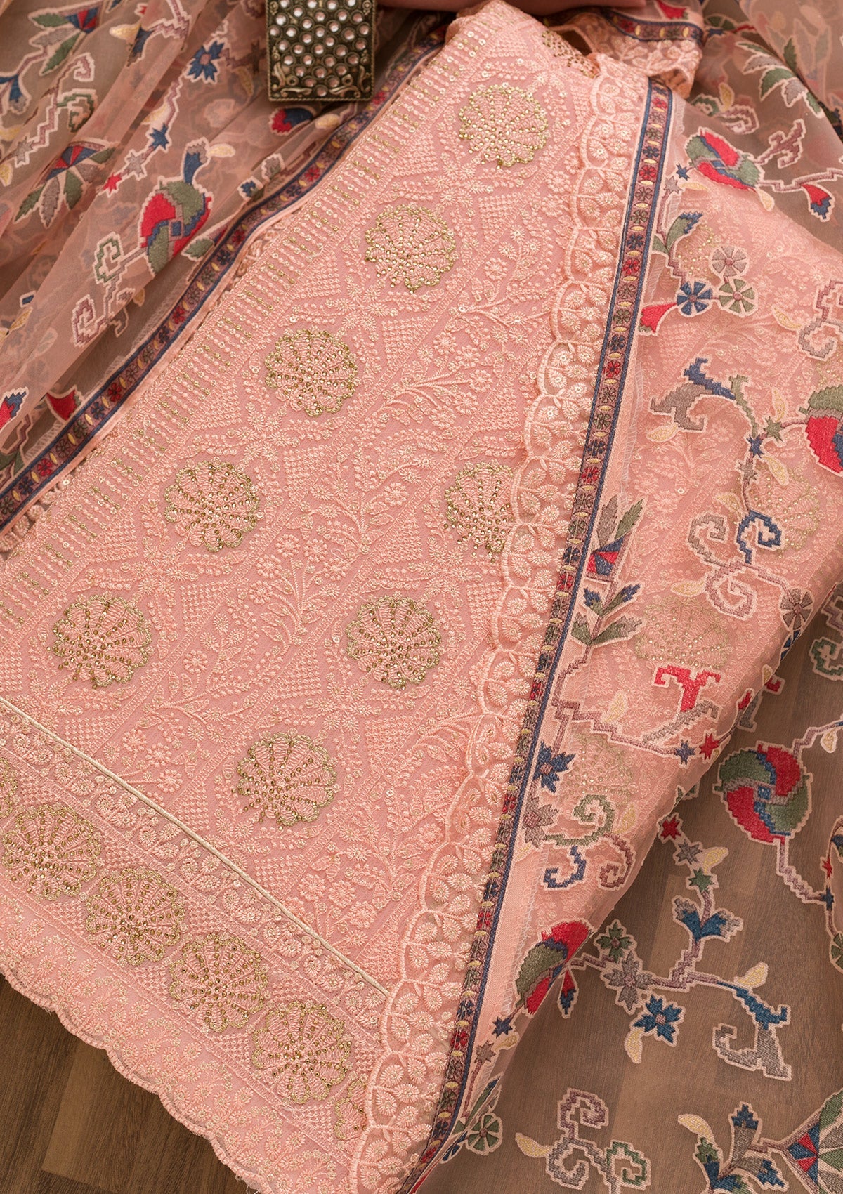 Pink Threadwork Georgette Unstitched Salwar Kameez-Koskii