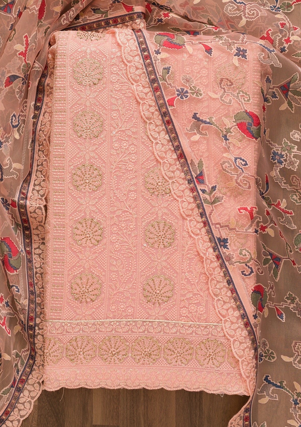 Pink Threadwork Georgette Unstitched Salwar Kameez-Koskii