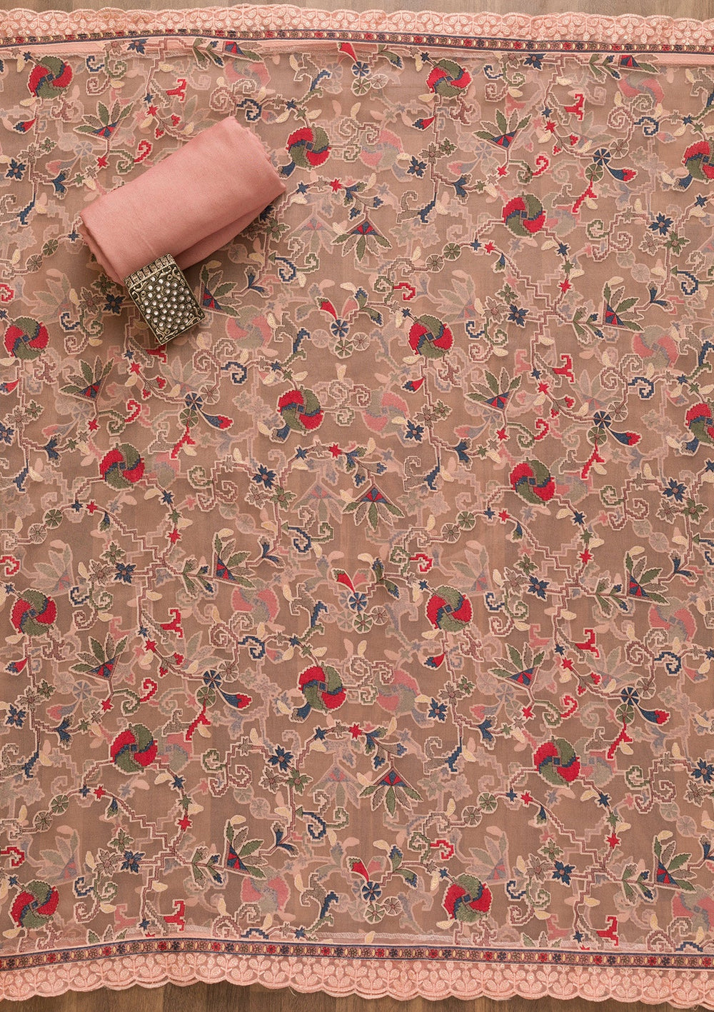 Pink Threadwork Georgette Unstitched Salwar Kameez-Koskii