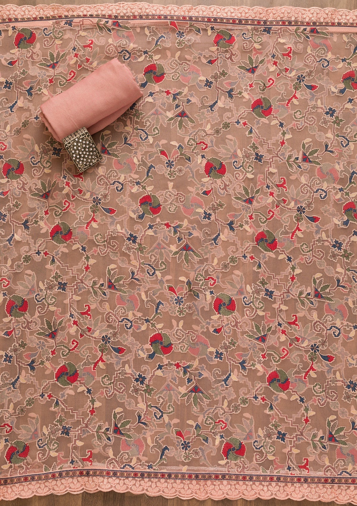 Pink Threadwork Georgette Unstitched Salwar Kameez-Koskii