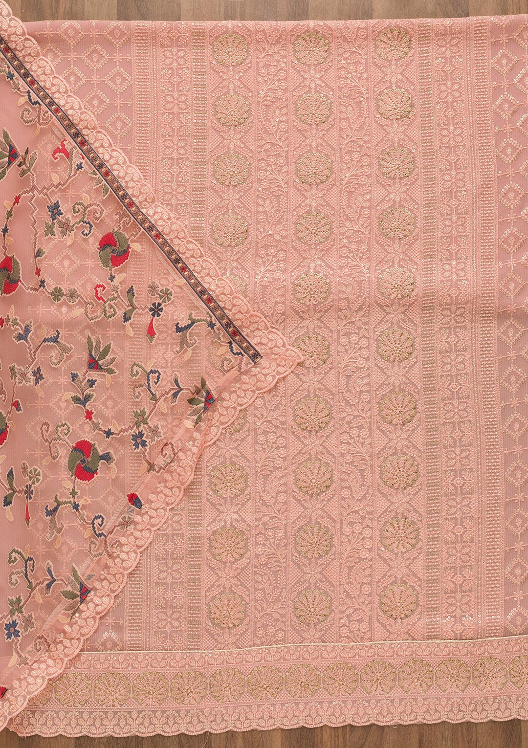 Pink Threadwork Georgette Unstitched Salwar Kameez-Koskii