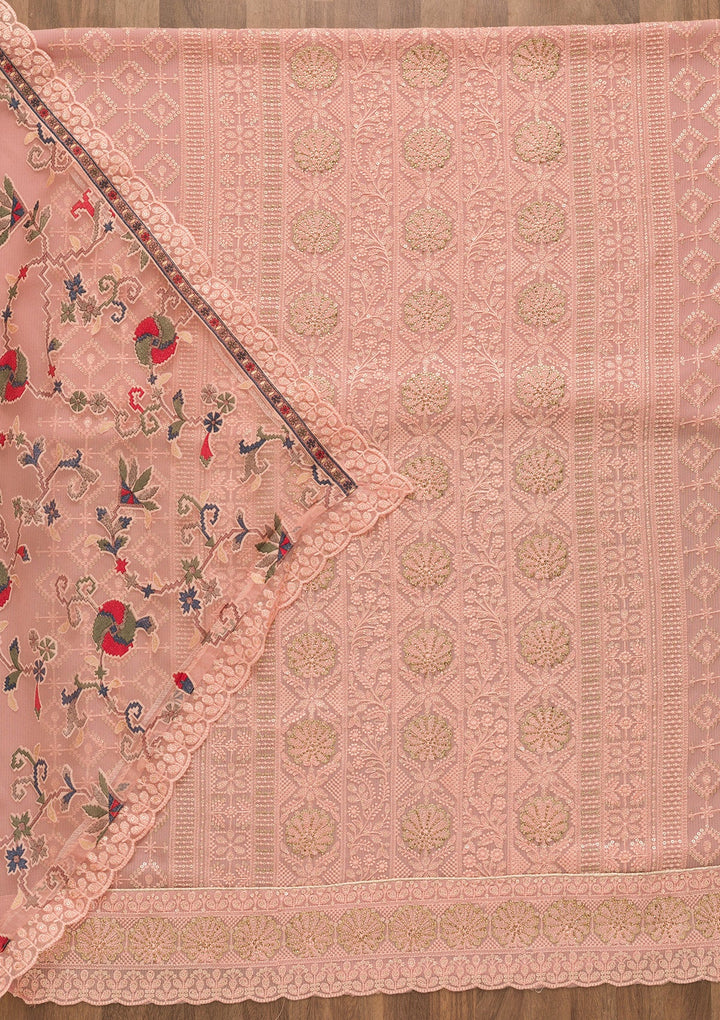 Pink Threadwork Georgette Unstitched Salwar Kameez-Koskii
