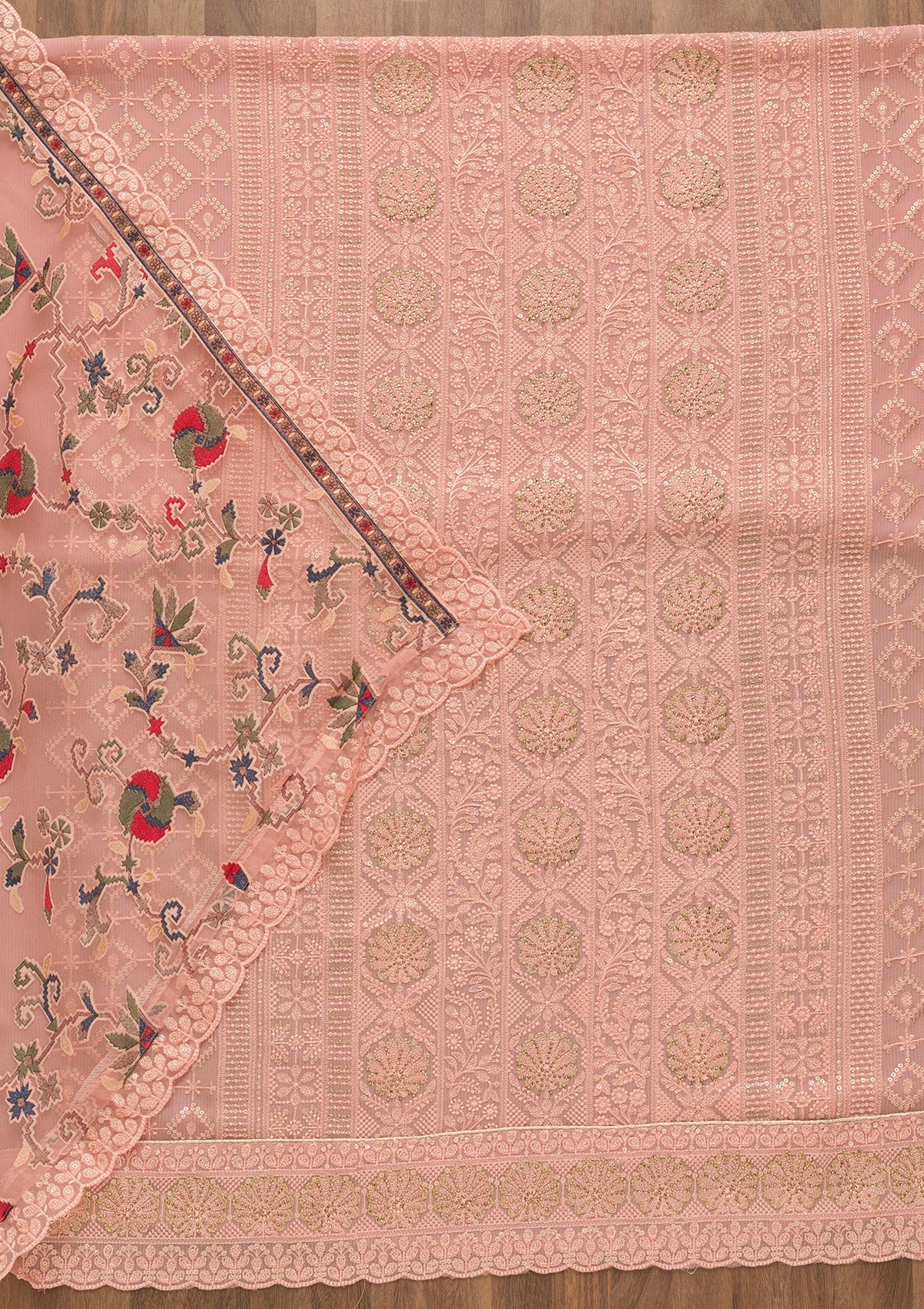 Pink Threadwork Georgette Unstitched Salwar Kameez-Koskii