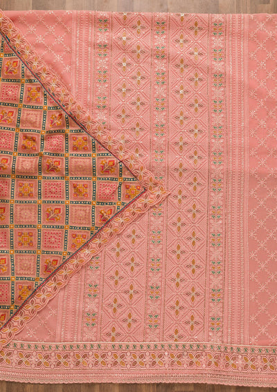 Pink Threadwork Georgette Unstitched Salwar Kameez-Koskii