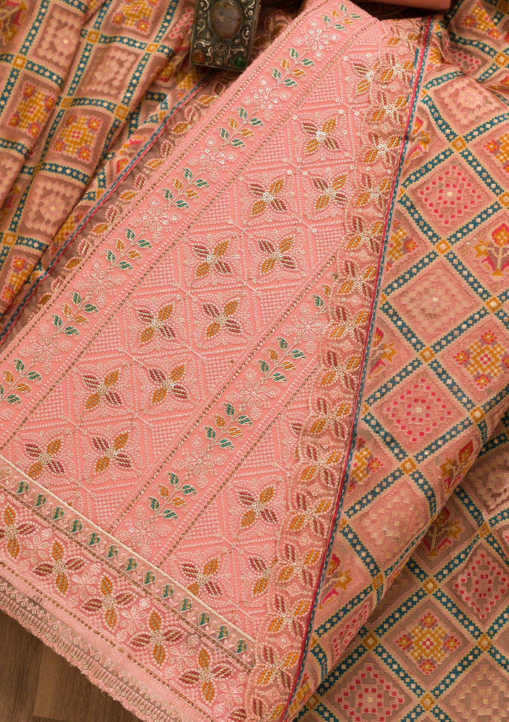 Pink Threadwork Georgette Unstitched Salwar Kameez-Koskii