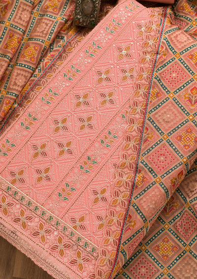 Pink Threadwork Georgette Unstitched Salwar Kameez-Koskii