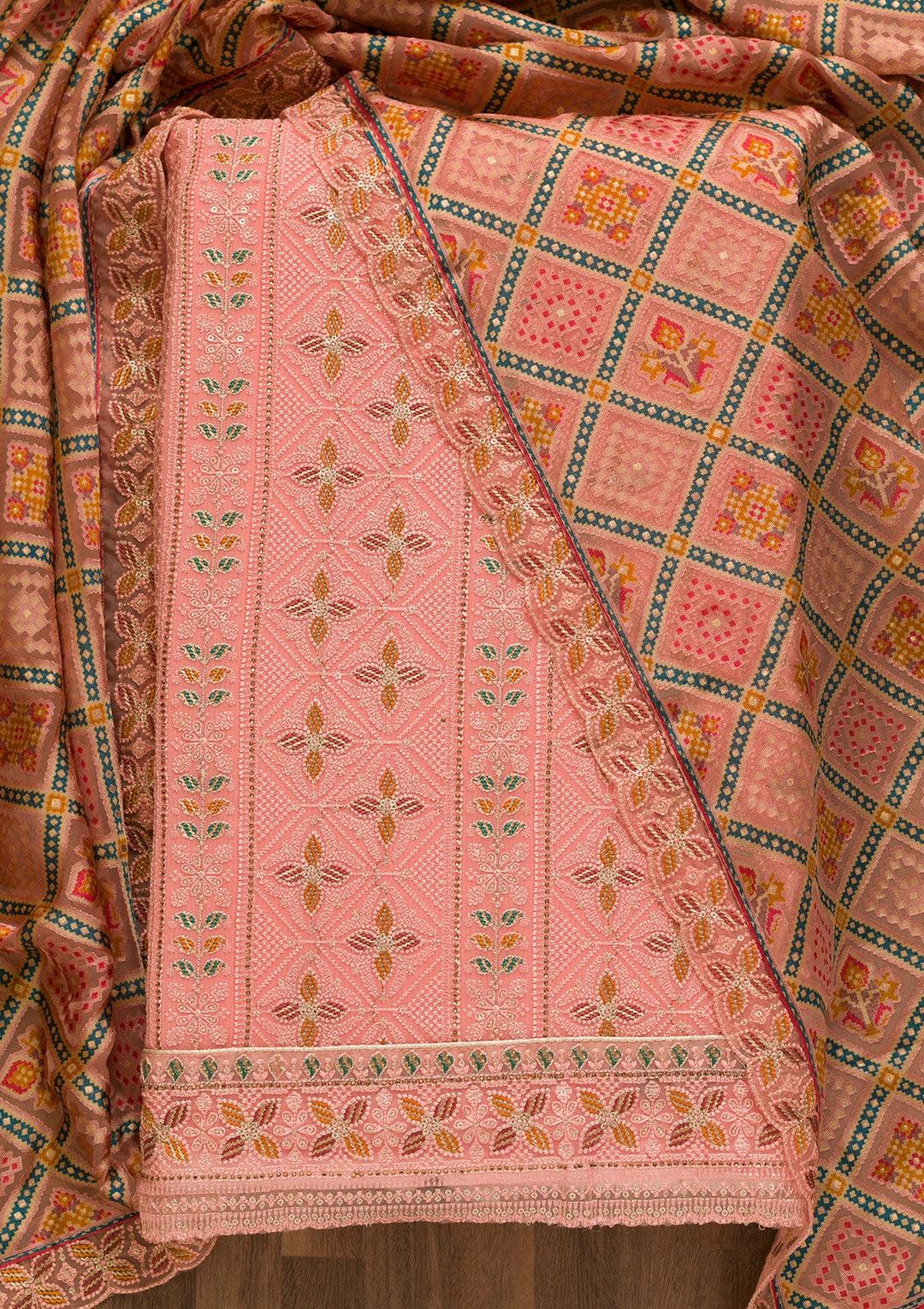Pink Threadwork Georgette Unstitched Salwar Kameez-Koskii