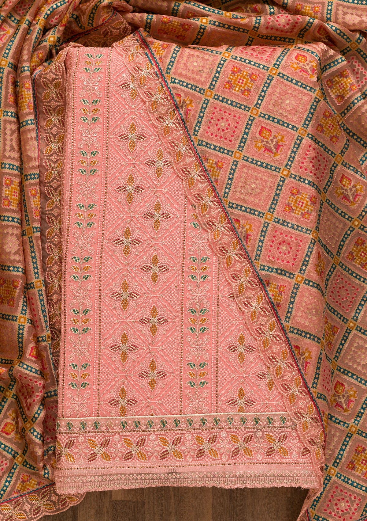 Pink Threadwork Georgette Unstitched Salwar Kameez-Koskii