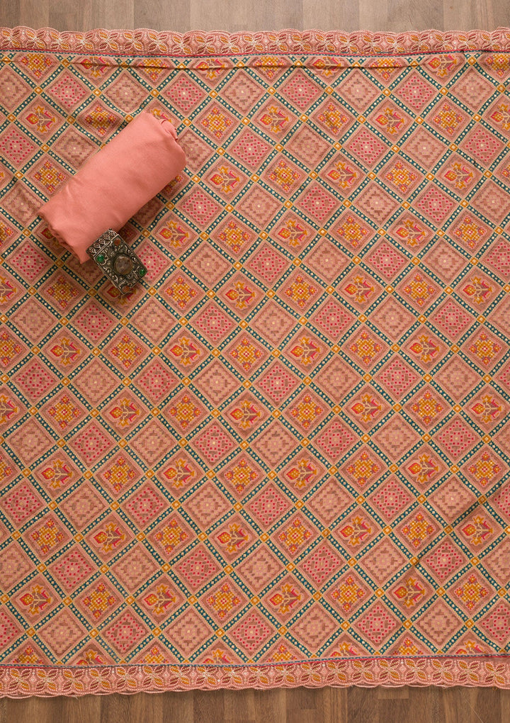 Pink Threadwork Georgette Unstitched Salwar Kameez-Koskii