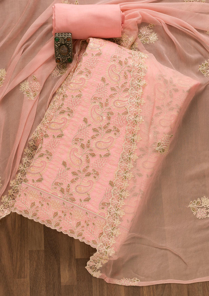 Pink Threadwork Georgette Unstitched Salwar Suit-Koskii