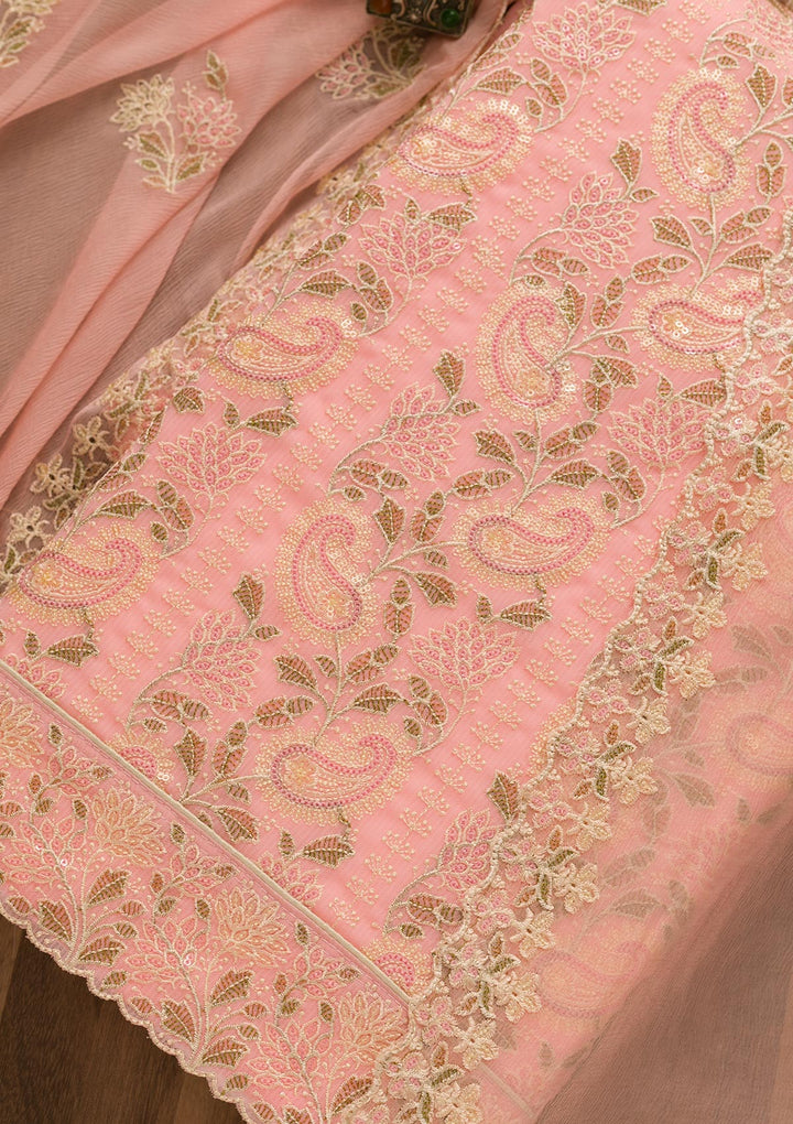 Pink Threadwork Georgette Unstitched Salwar Suit-Koskii
