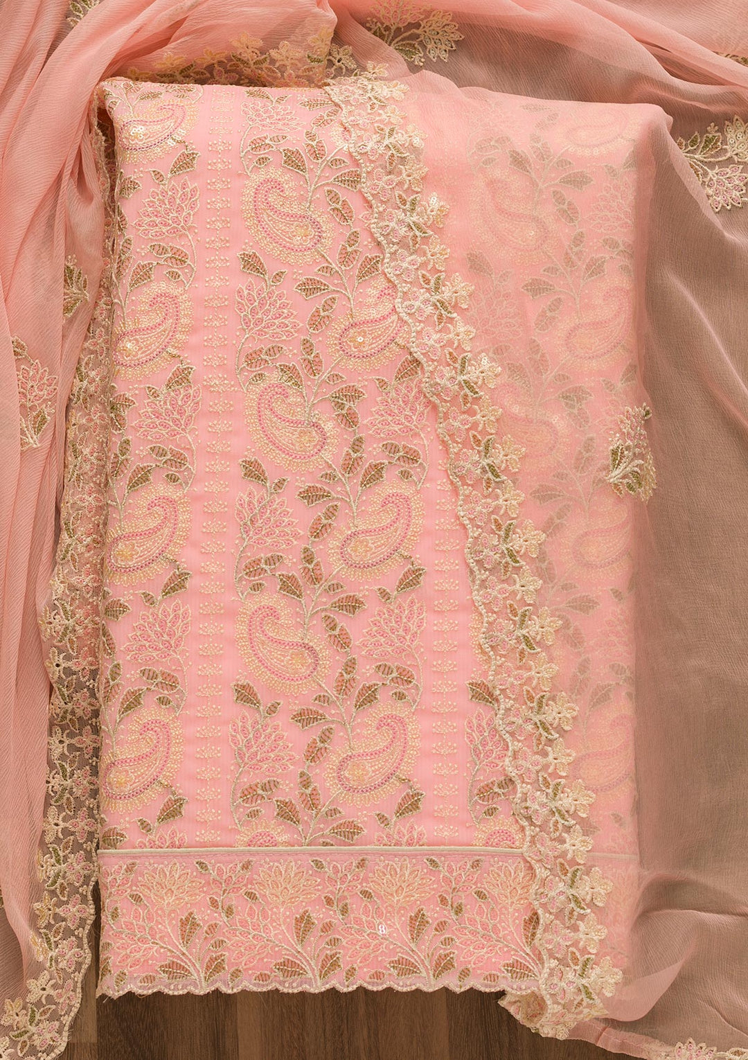 Pink Threadwork Georgette Unstitched Salwar Suit-Koskii