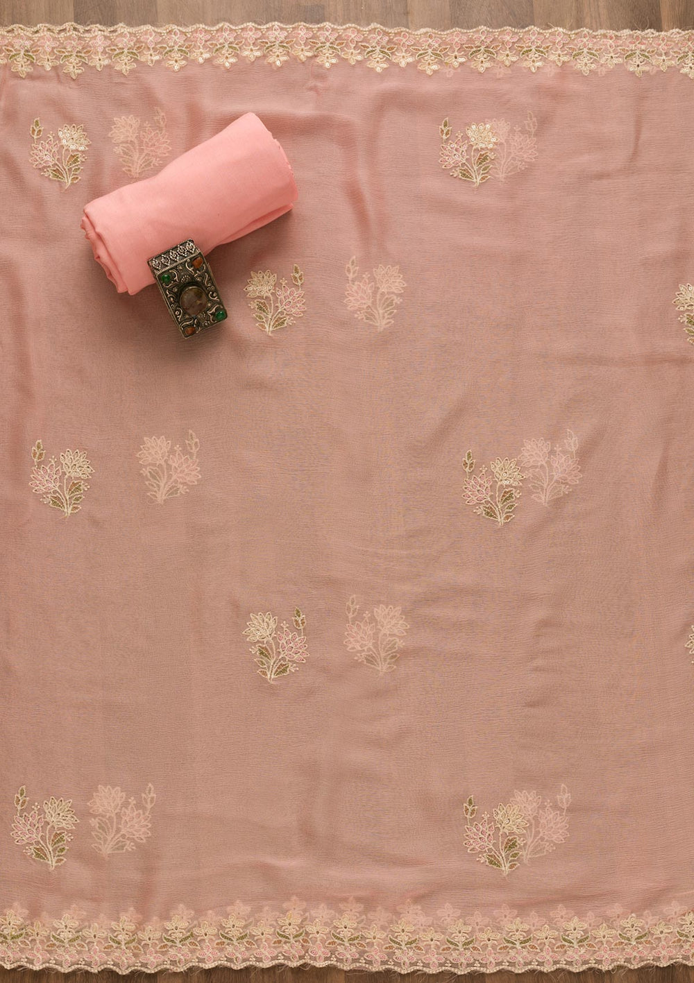 Pink Threadwork Georgette Unstitched Salwar Suit-Koskii