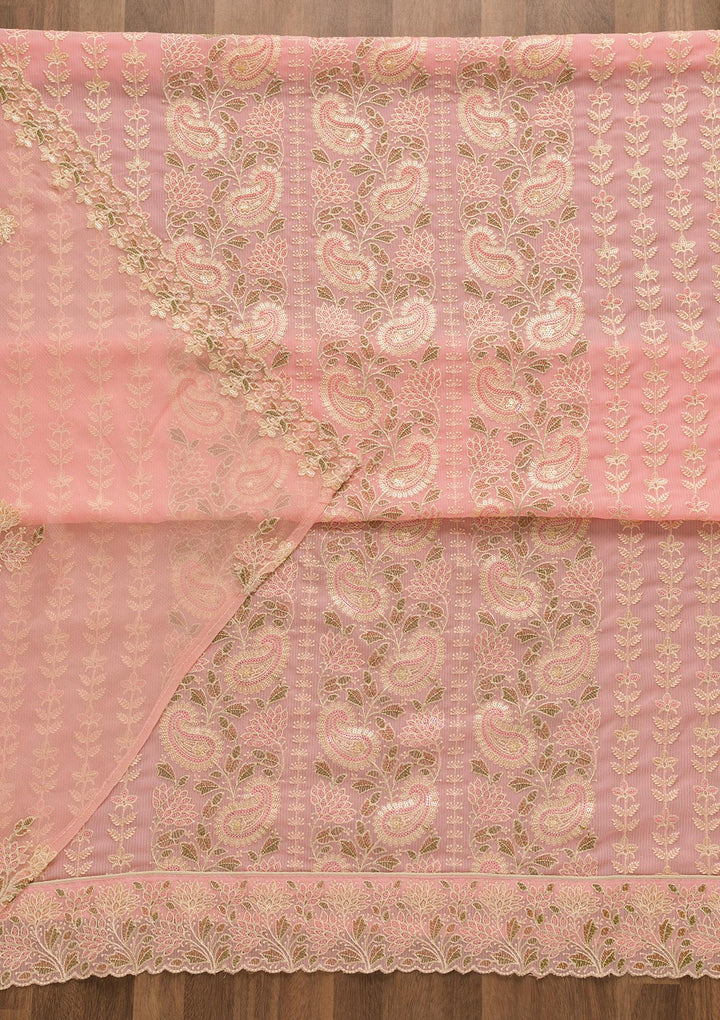 Pink Threadwork Georgette Unstitched Salwar Suit-Koskii