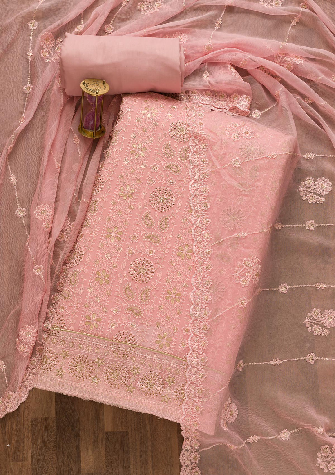 Pink Threadwork Georgette Unstitched Salwar Suit-Koskii