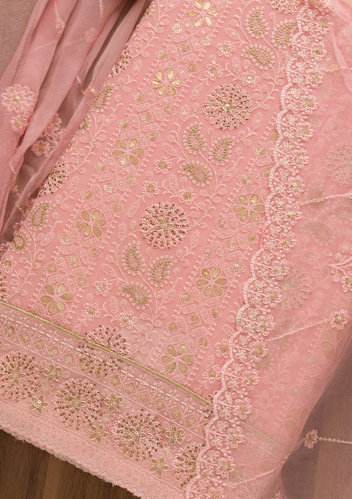 Pink Threadwork Georgette Unstitched Salwar Suit-Koskii